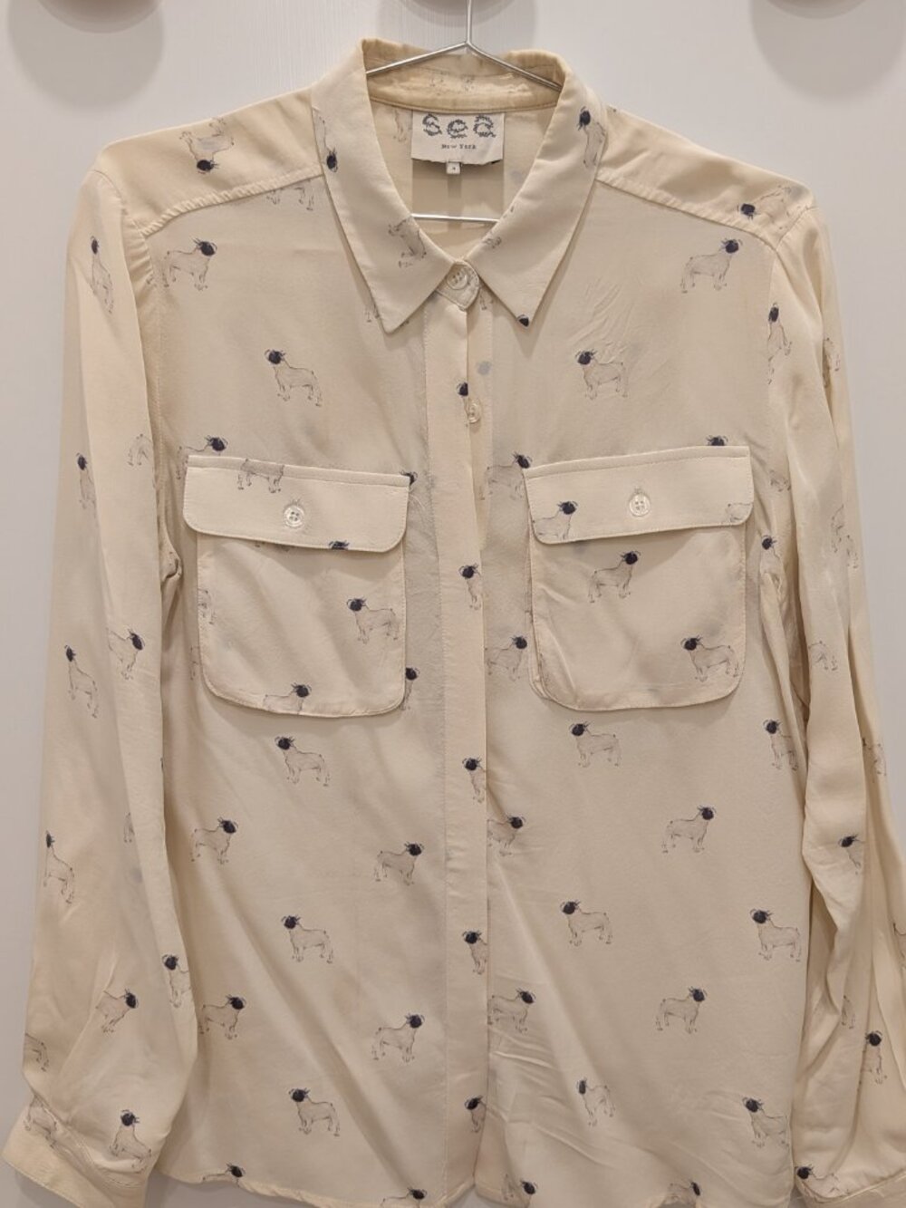 Sea New York Cream Silk French Bulldog Print Button Down Shirt Chest Pockets Sz